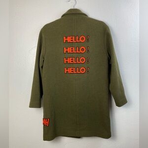Ochirly‎ Wool Blend Olive Green Graphic Hello Fun Pea Coat Women’s XS